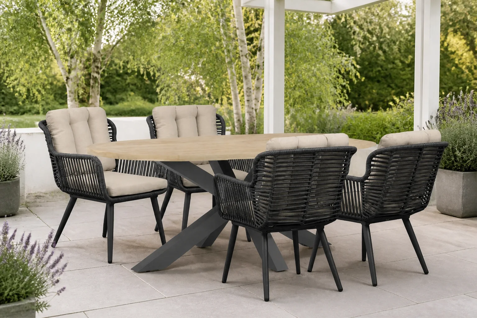 Sfeerfoto van Coco Custa/Brookline 200×110 cm dining tuinset 5-delig – Grijs-antraciet