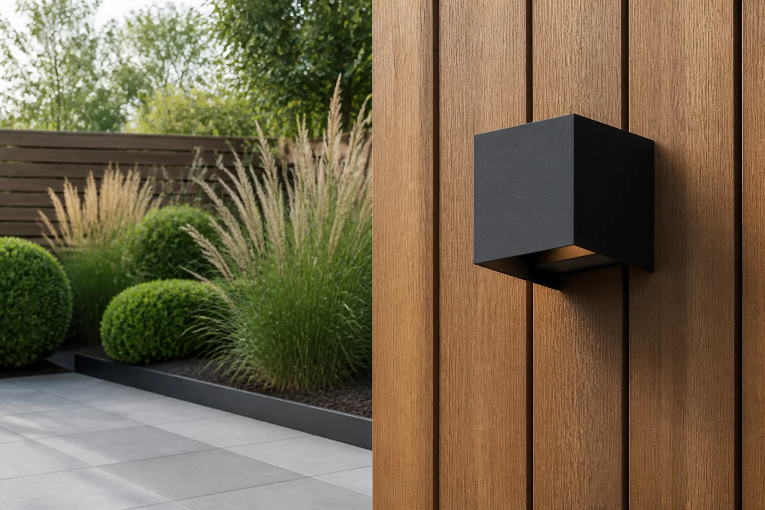 Sfeerfoto van Calex Outdoor wall light cube zwart