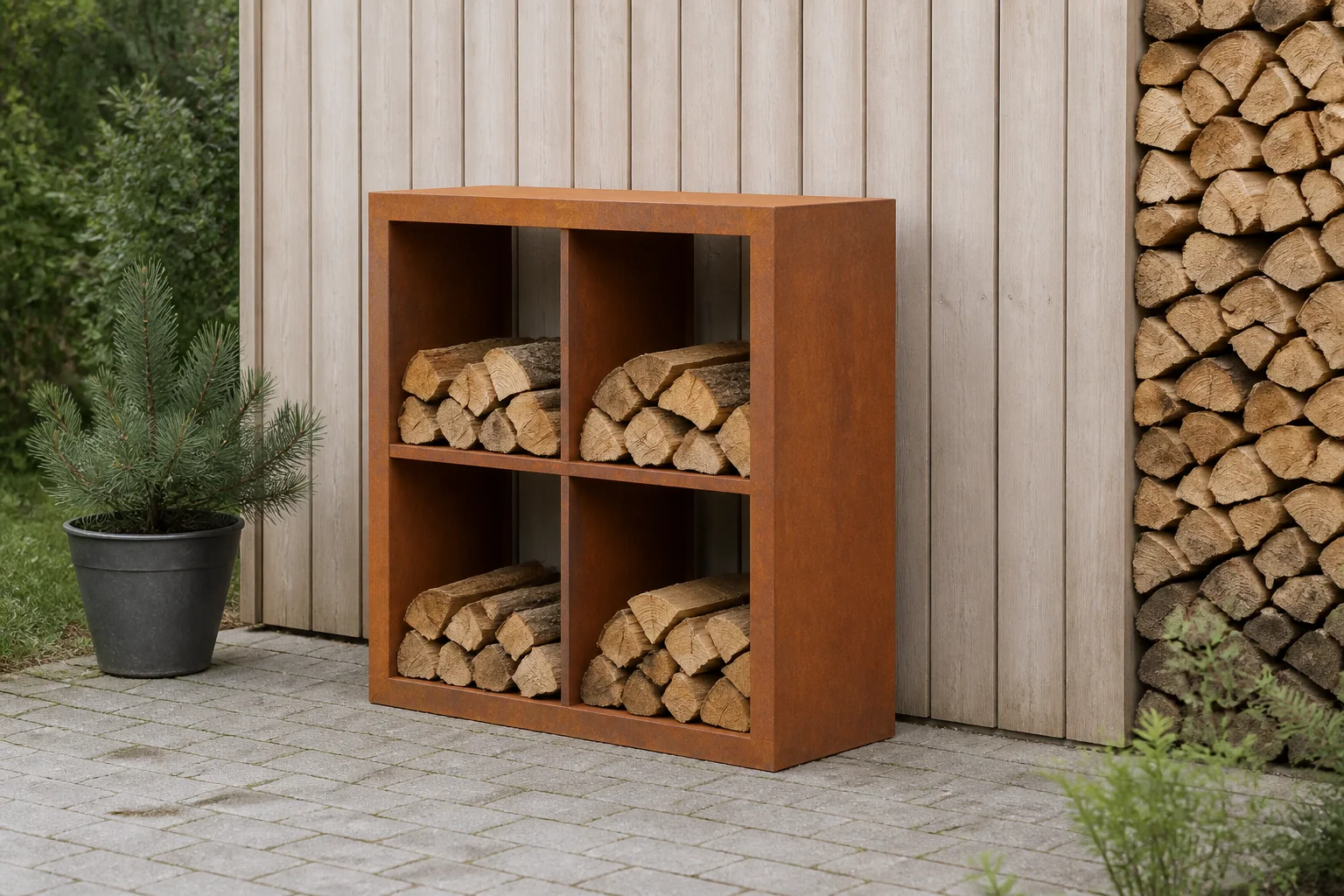 Sfeerfoto van Geroba Egura cortenstaal houtopslag onderverdeling 4 vakken 1000x385x1000 mm – bruin