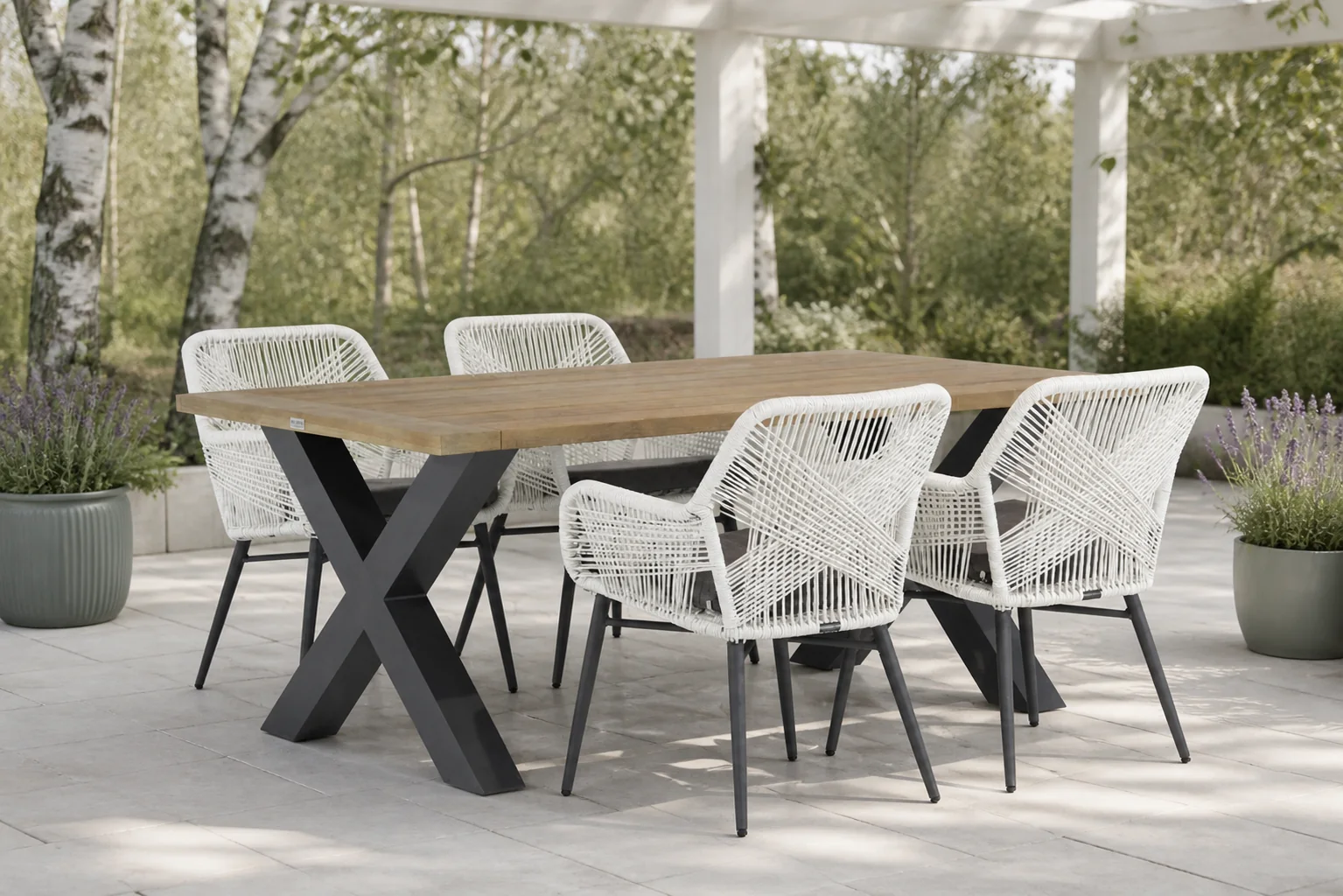 Sfeerfoto van Lifestyle Garden Furniture Advance/Cardiff 180 cm dining tuinset 5-delig – Wit