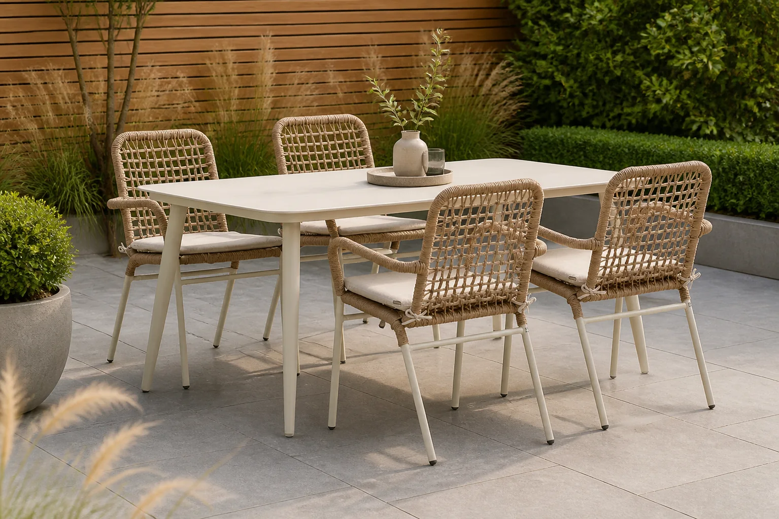 Sfeerfoto van De Laan Projects Lifestyle Catalone/Vienna 180 cm dining tuinset 5-delig – Taupe-naturel-bruin