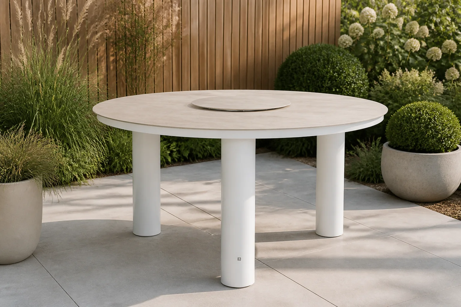 Sfeerfoto van Lifestyle Garden Furniture Arancia dining tuintafel 150 cm met lazy susan – Wit