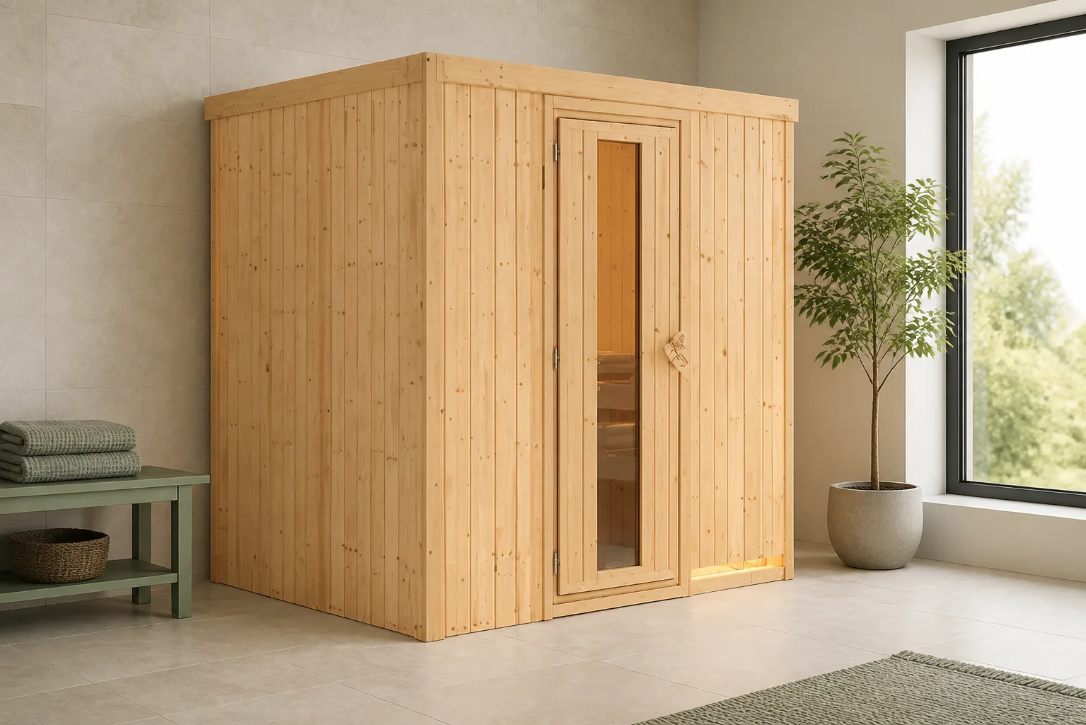 Sfeerfoto van Karibu | Fanja Sauna met Dakkraag | Bronzeglas Deur | Kachel 3,6 kW Geïntegreerde Bediening
