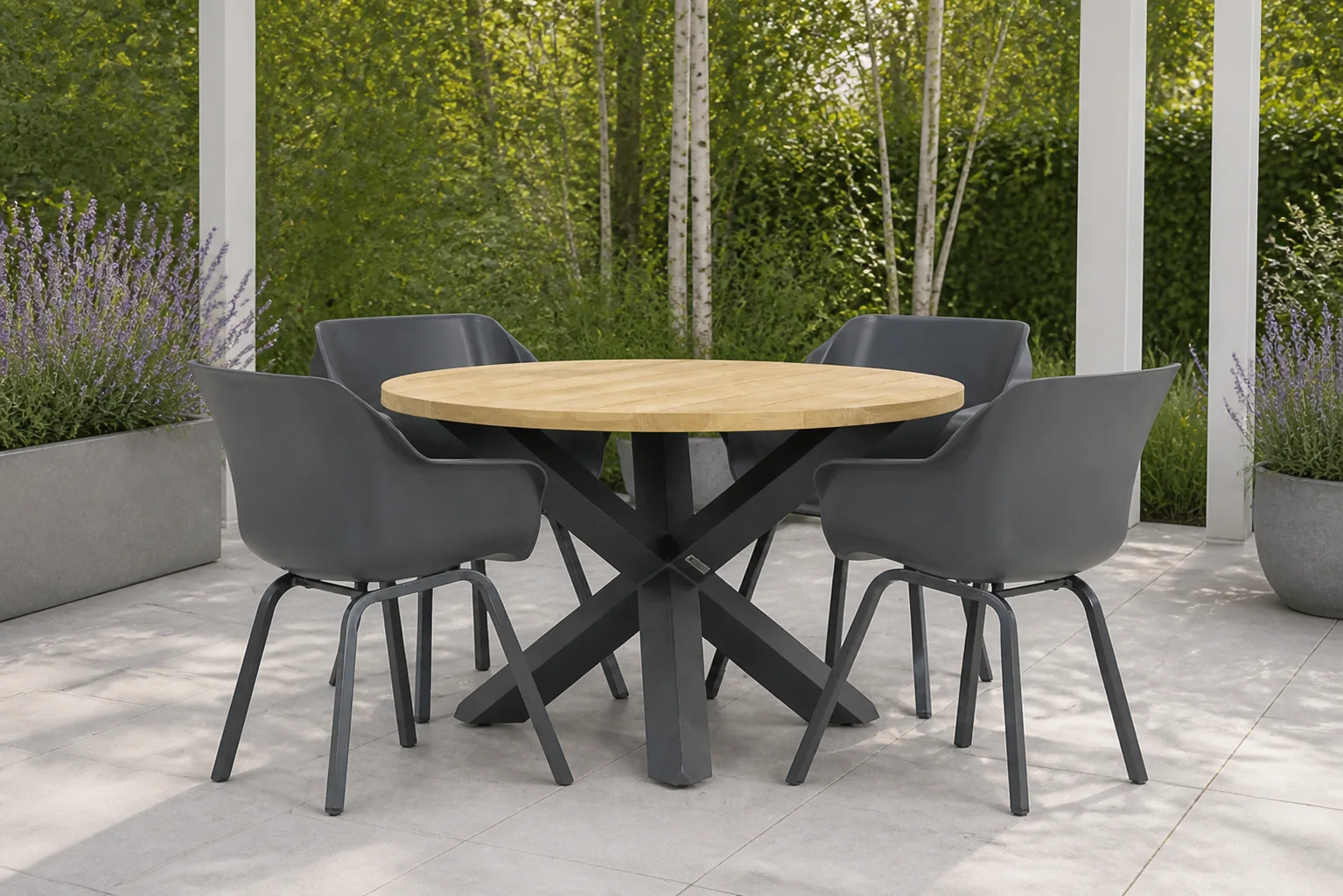 Sfeerfoto van Hartman Sophie element/Rockville 120 cm rond dining tuinset 5-delig – Grijs-antraciet