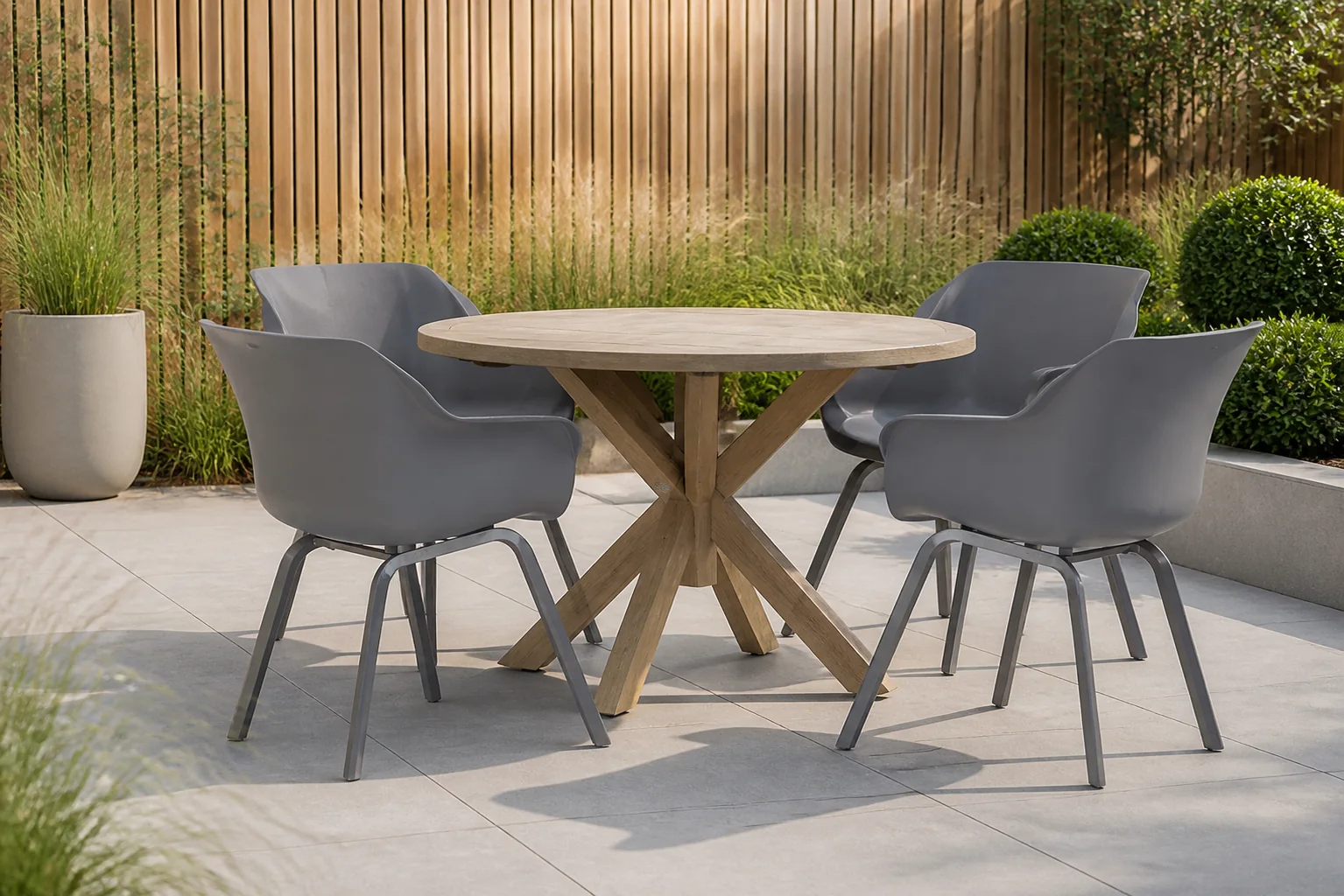 Sfeerfoto van Hartman Sophie element/Sand City rond 120 cm dining tuinset 5-delig – Grijs-antraciet