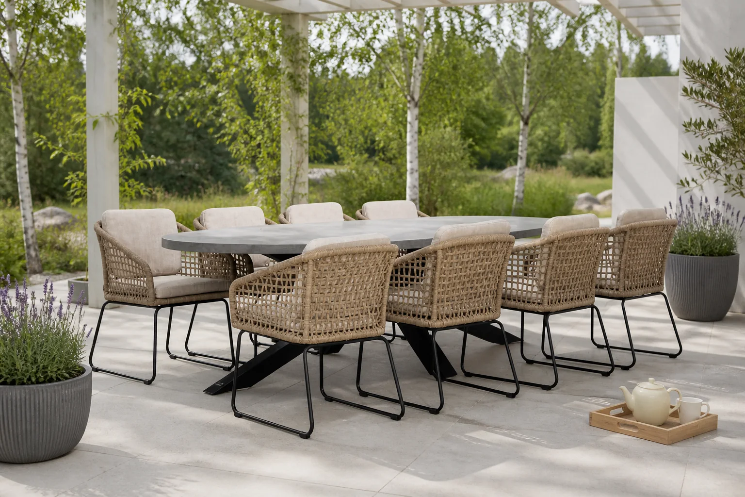 Sfeerfoto van BUITEN living Stockholm/Tulum Sahara Dust dining tuinset | 8 personen | betonlook + touw | 280cm ovaal – Zand