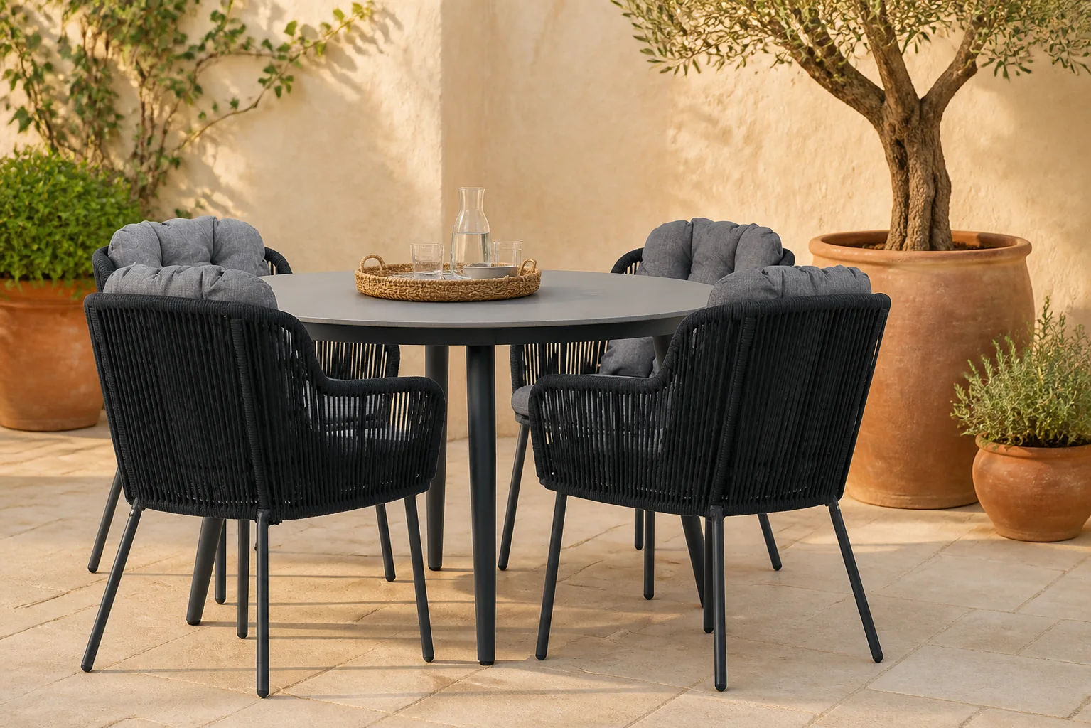 Sfeerfoto van Santika Furniture Tendenza/Vienna 120 cm dining tuinset 5-delig – Grijs-antraciet
