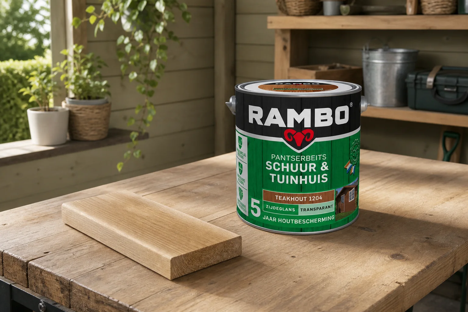 Sfeerfoto van Rambo Pantserbeits schuur en tuinhuis zg tr. 1204 2,5l – hout
