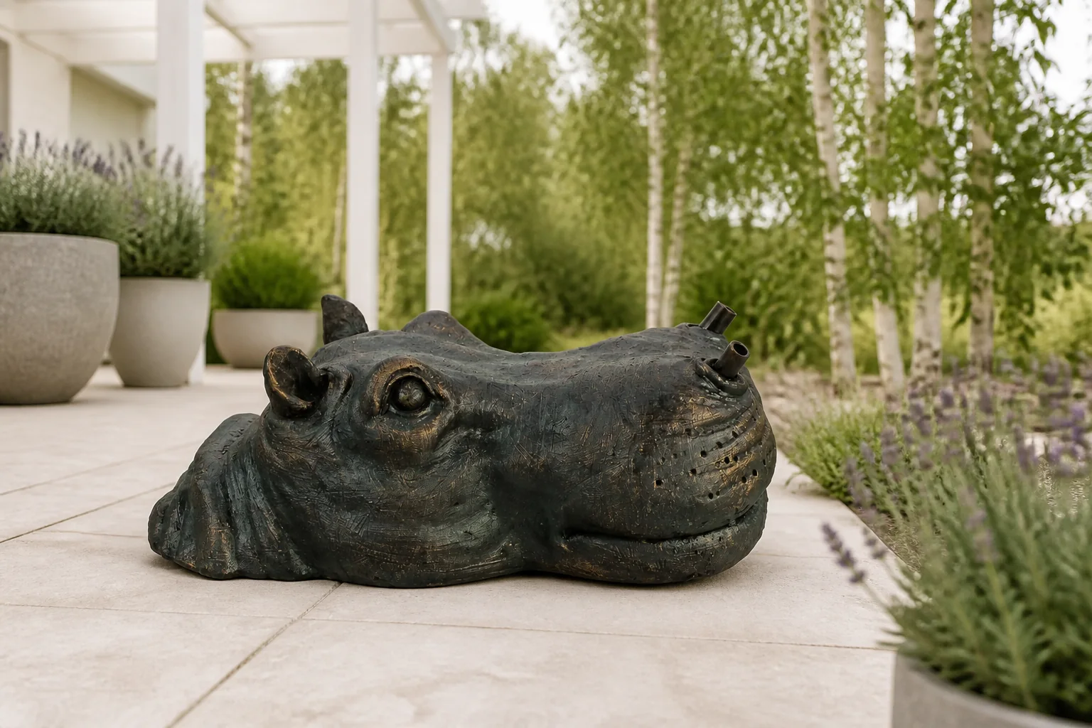 Sfeerfoto van Ubbink Drijvende spuitfiguur Nijlpaard hoofd – bruin