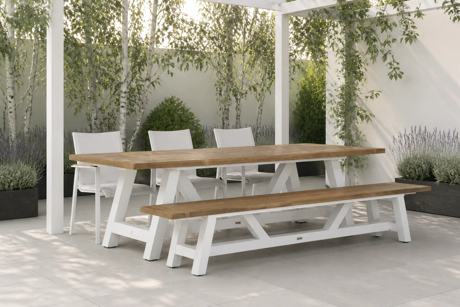 Sfeerfoto van Lifestyle Garden Furniture Brandon/Florence 260 cm dining tuinset 5-delig – Wit