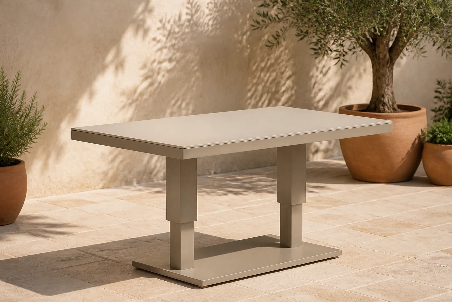 Sfeerfoto van Coco Tivano in hoogte verstelbare tuintafel 140 x 90 cm – Taupe-naturel-bruin