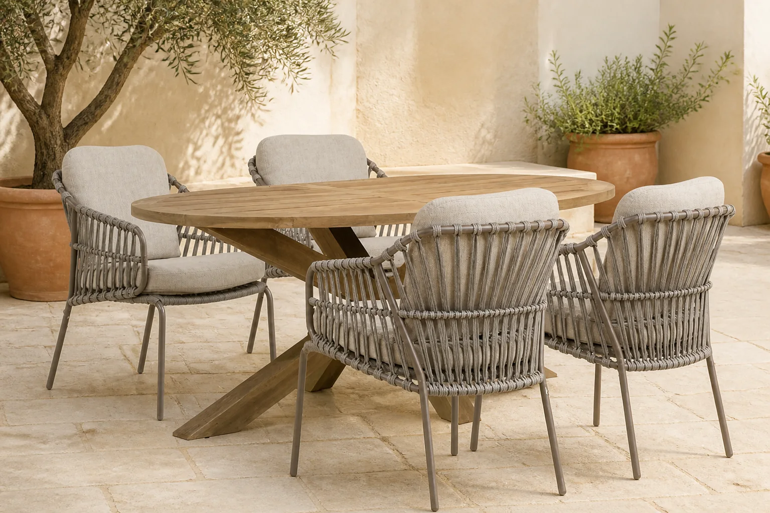 Sfeerfoto van 4 Seasons Outdoor Capalbio/Boston 200 cm dining tuinset 5-delig – Taupe-naturel-bruin