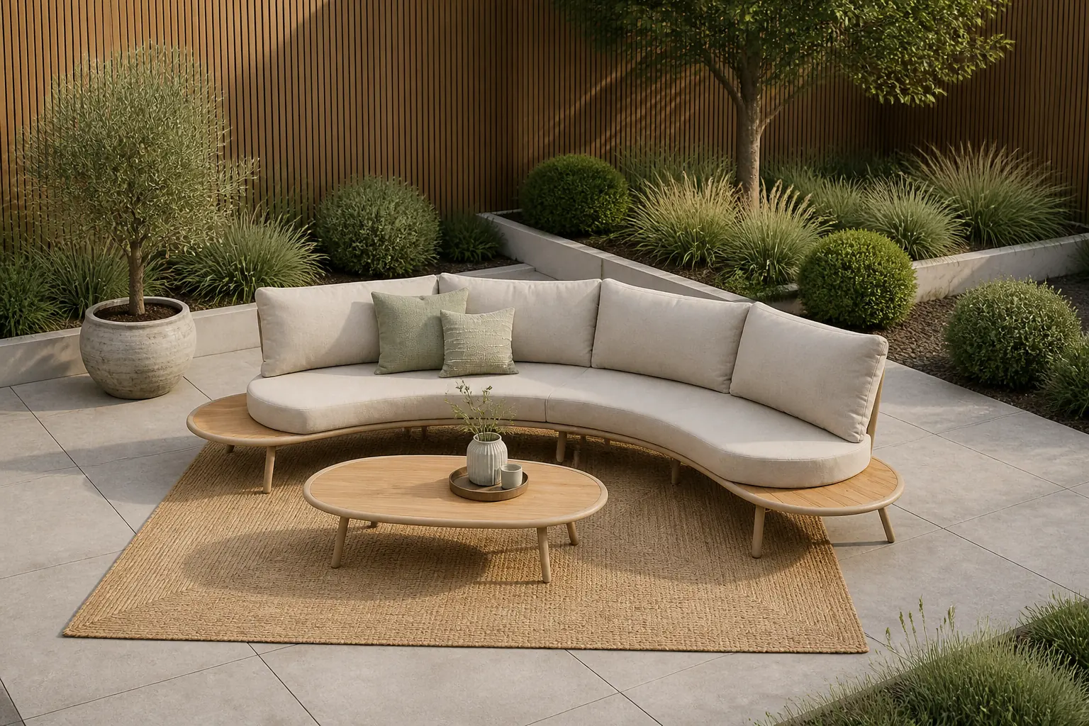 Sfeerfoto van BUITEN living Florina loungeset 4 personen | aluminium + teakhout | beige | 3-delig