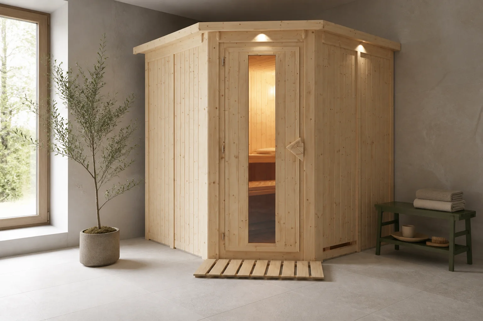 Sfeerfoto van Karibu | Jarin Sauna met Dakkraag | Helderglas Deur
