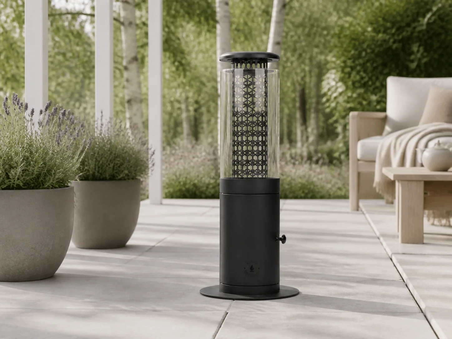 Sfeerfoto van Monti HeatLine + 15% kassakorting | Ember pellet terrasverwarmer ø24cm (h: 58cm) – Zwart