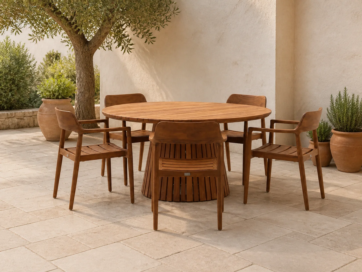 Sfeerfoto van Bellagio tuinmeubelen Balba/Santa Severina ø150cm dining tuinset 6-delig stapelbaar