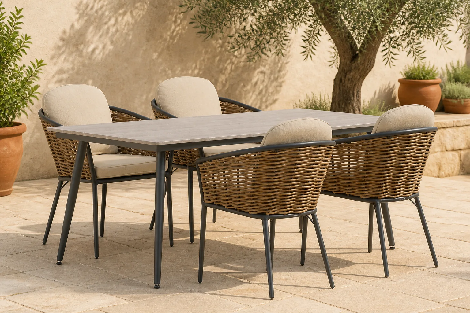 Sfeerfoto van Lifestyle Garden Furniture Nice/Matale 180 cm dining tuinset 5-delig – Grijs-antraciet