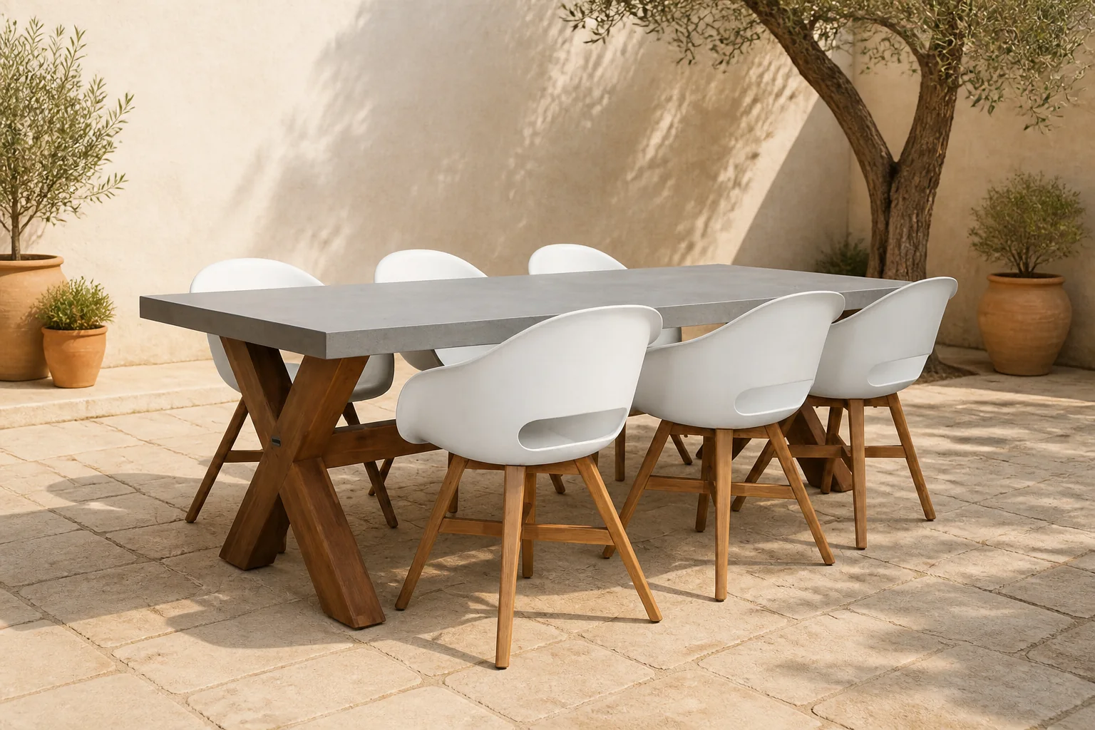 Sfeerfoto van BUITEN living Norwich/Karlstad wit dining tuinset | 6 personen | betonlook + kunststof | 250cm – Betonlook, Wit