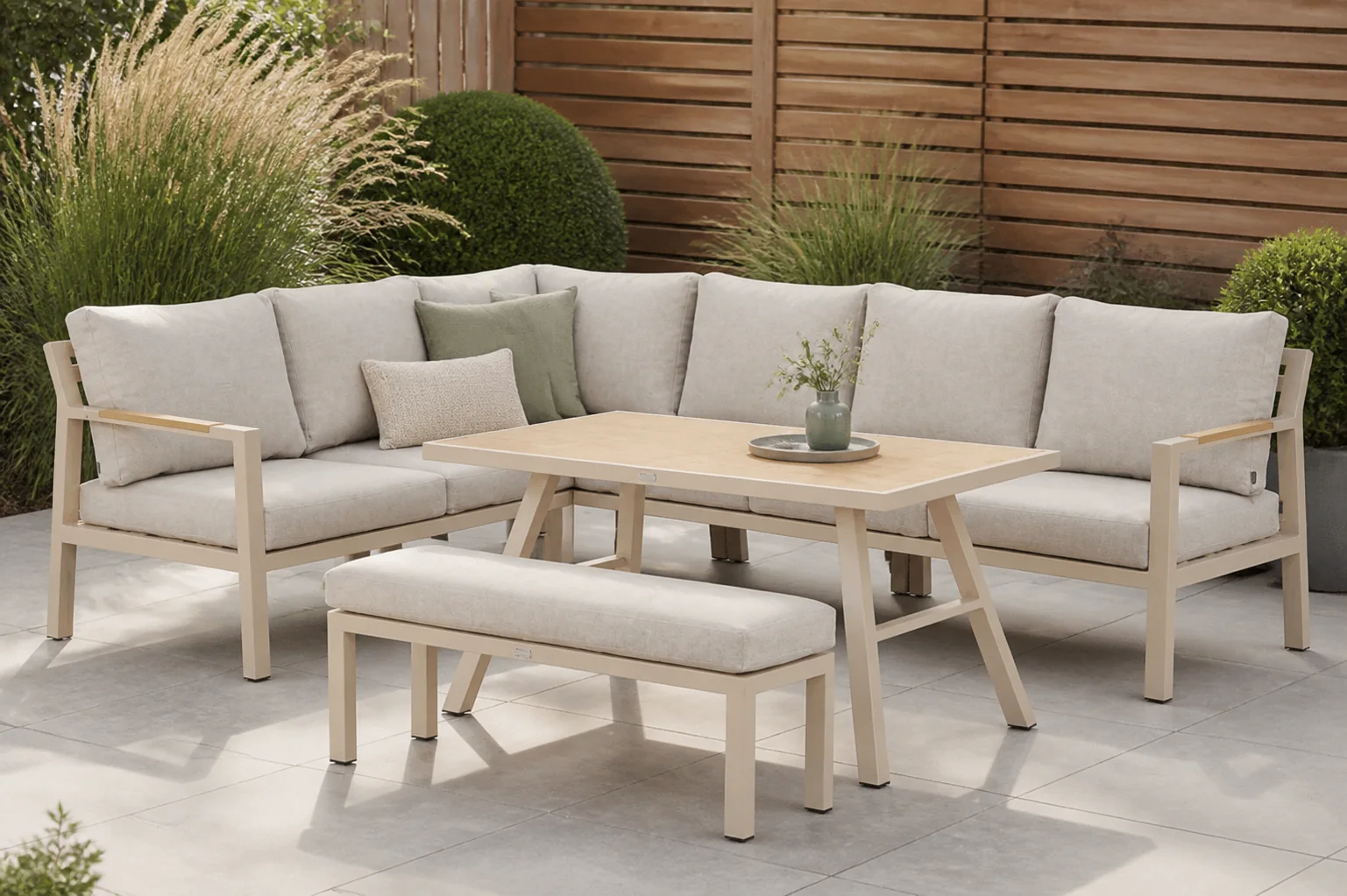 Sfeerfoto van Lifestyle Garden Furniture Terrasso hoek loungeset 4-delig – Taupe-naturel-bruin