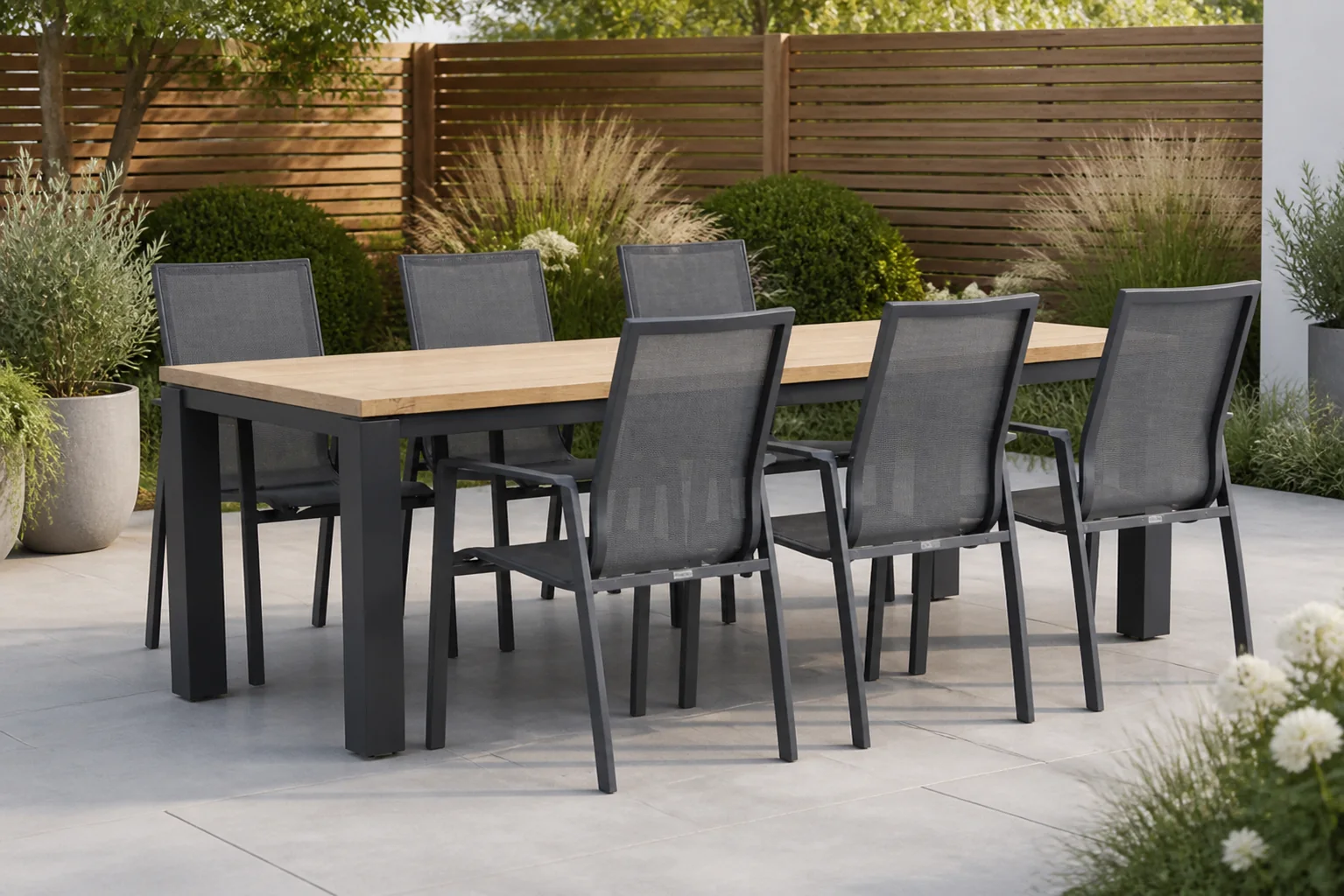 Sfeerfoto van Lifestyle Garden Furniture Ultimate/Veneto 230 cm dining tuinset 7-delig – Grijs-antraciet