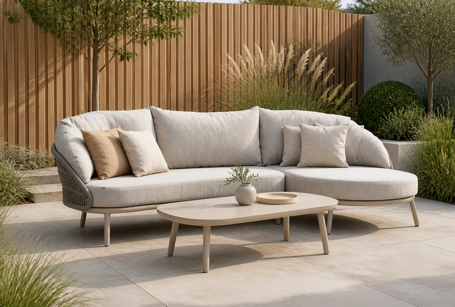 Sfeerfoto van Santika Furniture Pebble organisch loungeset 3-delig – Zand/Beige