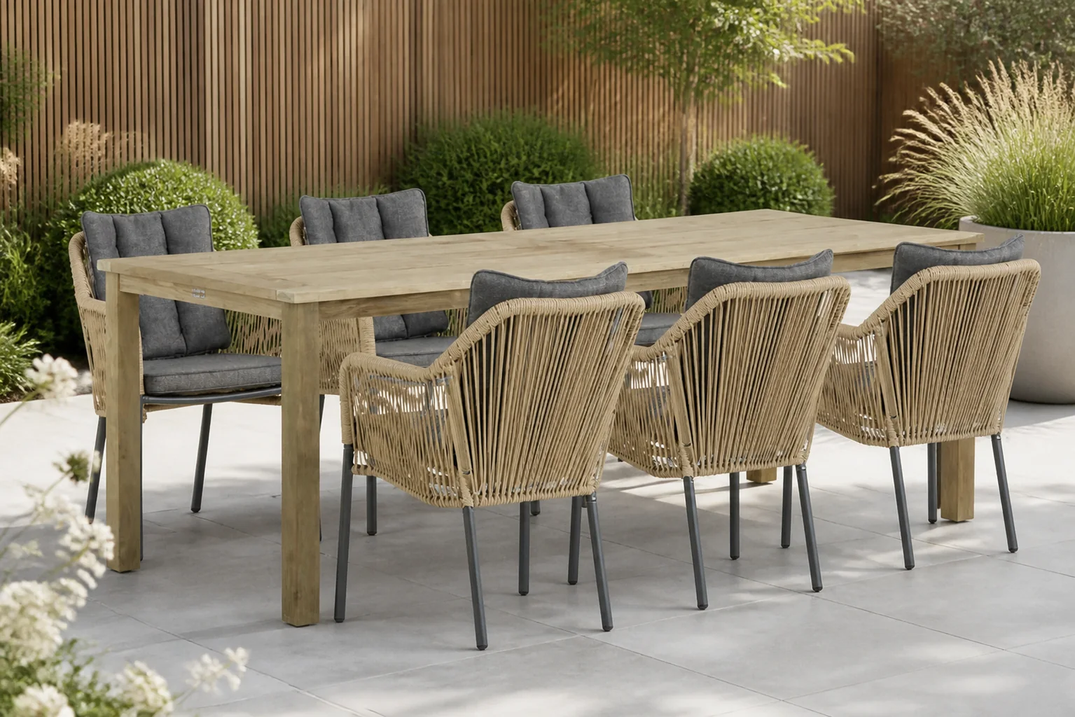 Sfeerfoto van De Laan Projects Laan Marbella/Weston 210 cm dining tuinset 7-delig – Taupe-naturel-bruin