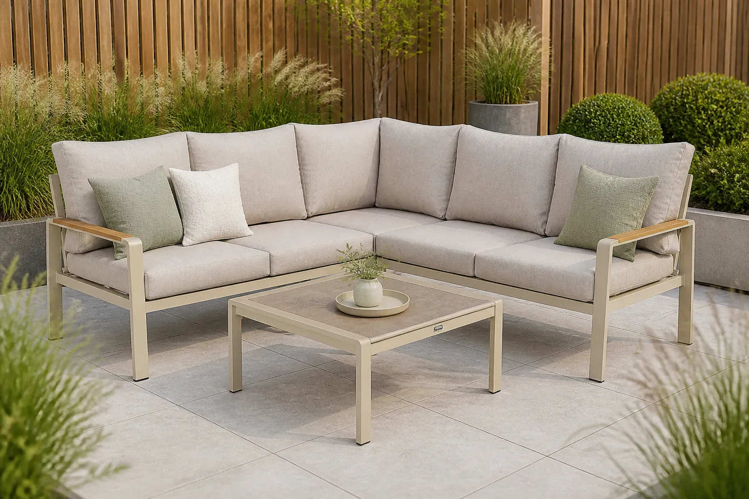 Sfeerfoto van Domani Furniture Leaf hoek loungeset 3-delig – Taupe-naturel-bruin