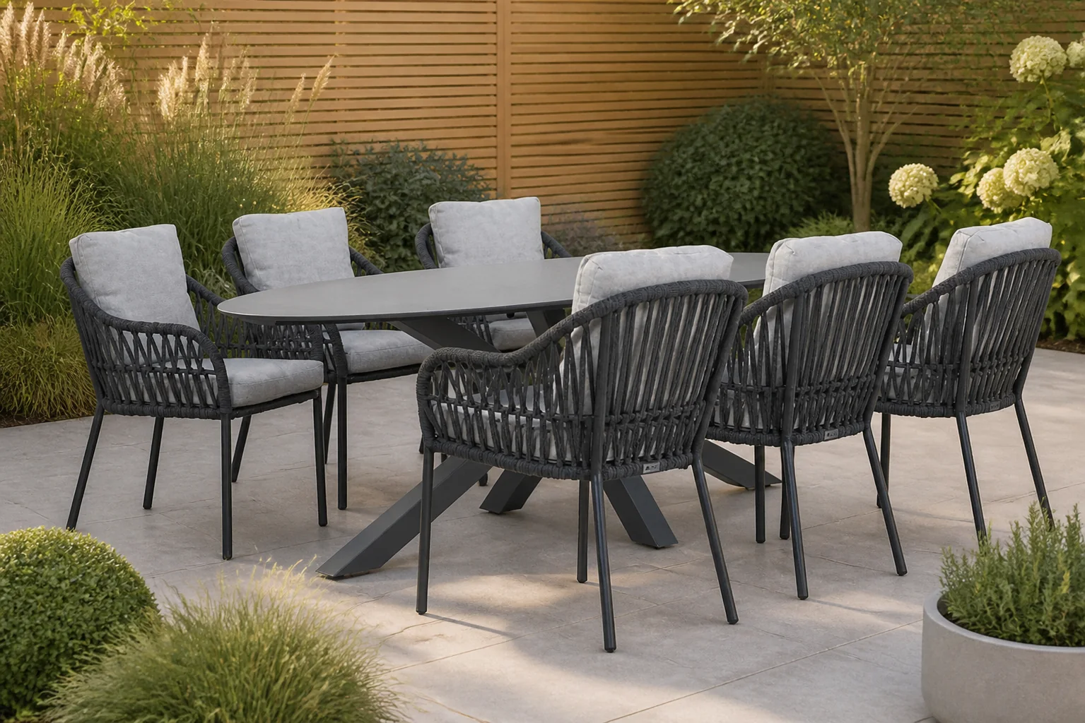 Sfeerfoto van Coco Puerto/Ellisse 240 cm dining tuinset 7-delig – Grijs-antraciet