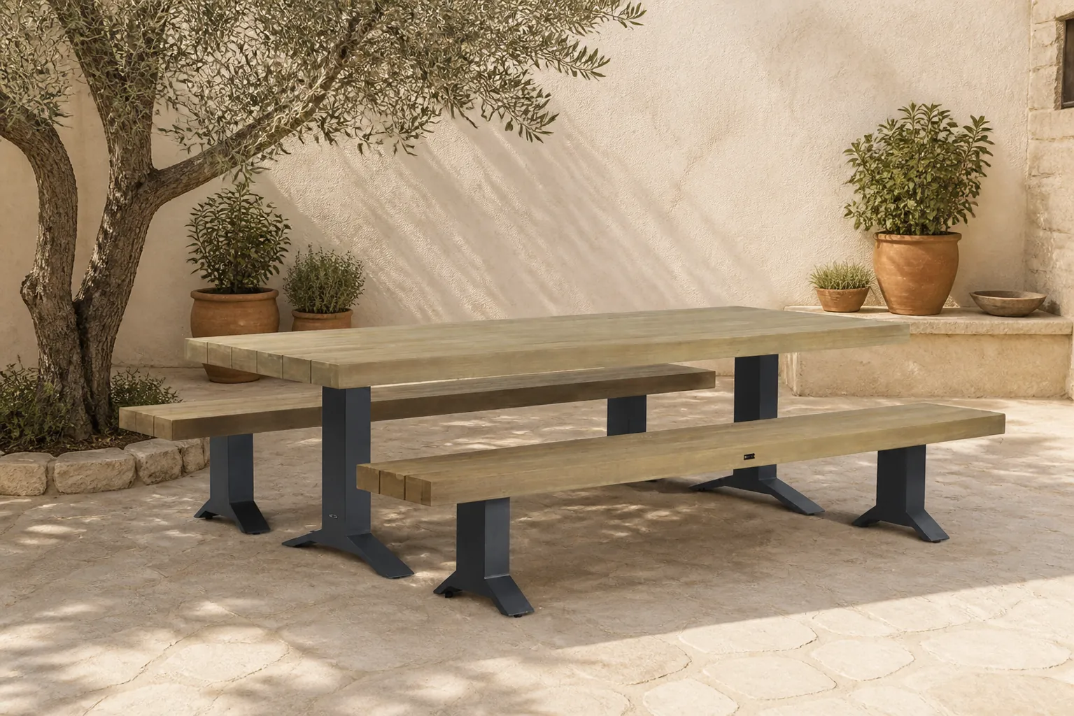 Sfeerfoto van Santika Furniture Superior/Superior 260 cm picknick tuinset 3-delig – Old teak greywash