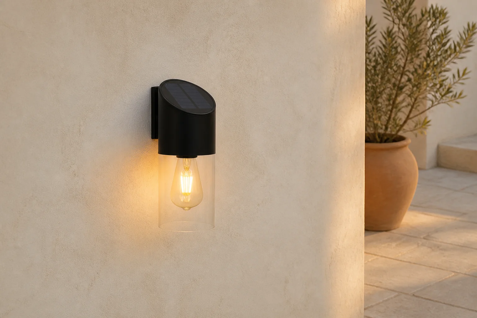 Sfeerfoto van ZOLUNA solar wandlamp buiten Rob – zwart