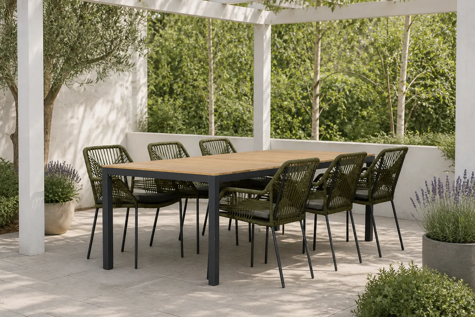 Sfeerfoto van LUX outdoor living Delta/Seville olijfgroen dining tuinset | 6 personen | teakhout + aluminium | 220cm – Antraciet