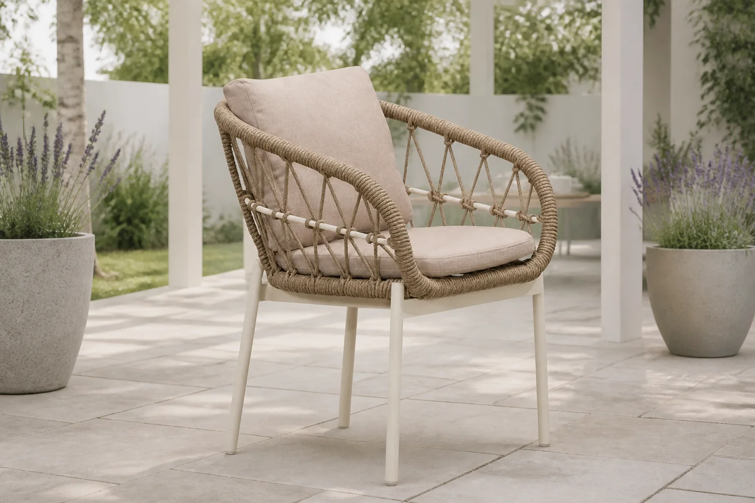 Sfeerfoto van LUX outdoor living Dakota dining tuinstoel | touw + aluminium | beige/wit