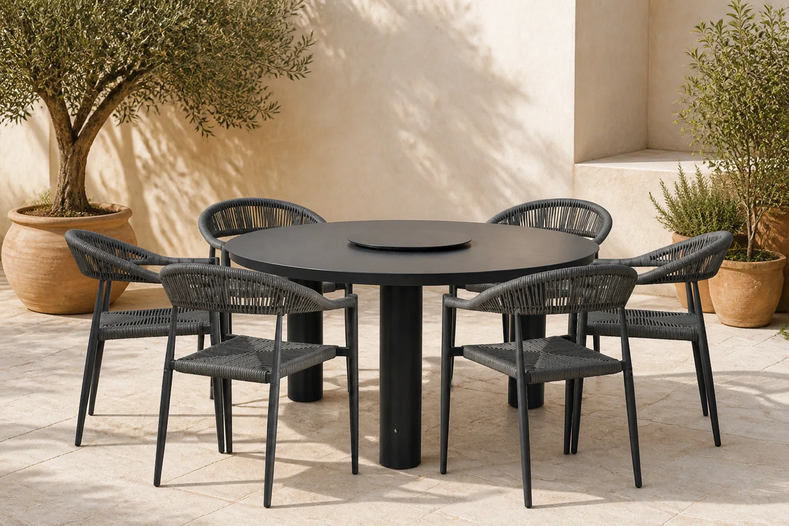Sfeerfoto van De Laan Projects Laan Granada/Arancia 150 cm dining tuinset 7-delig – Grijs-antraciet