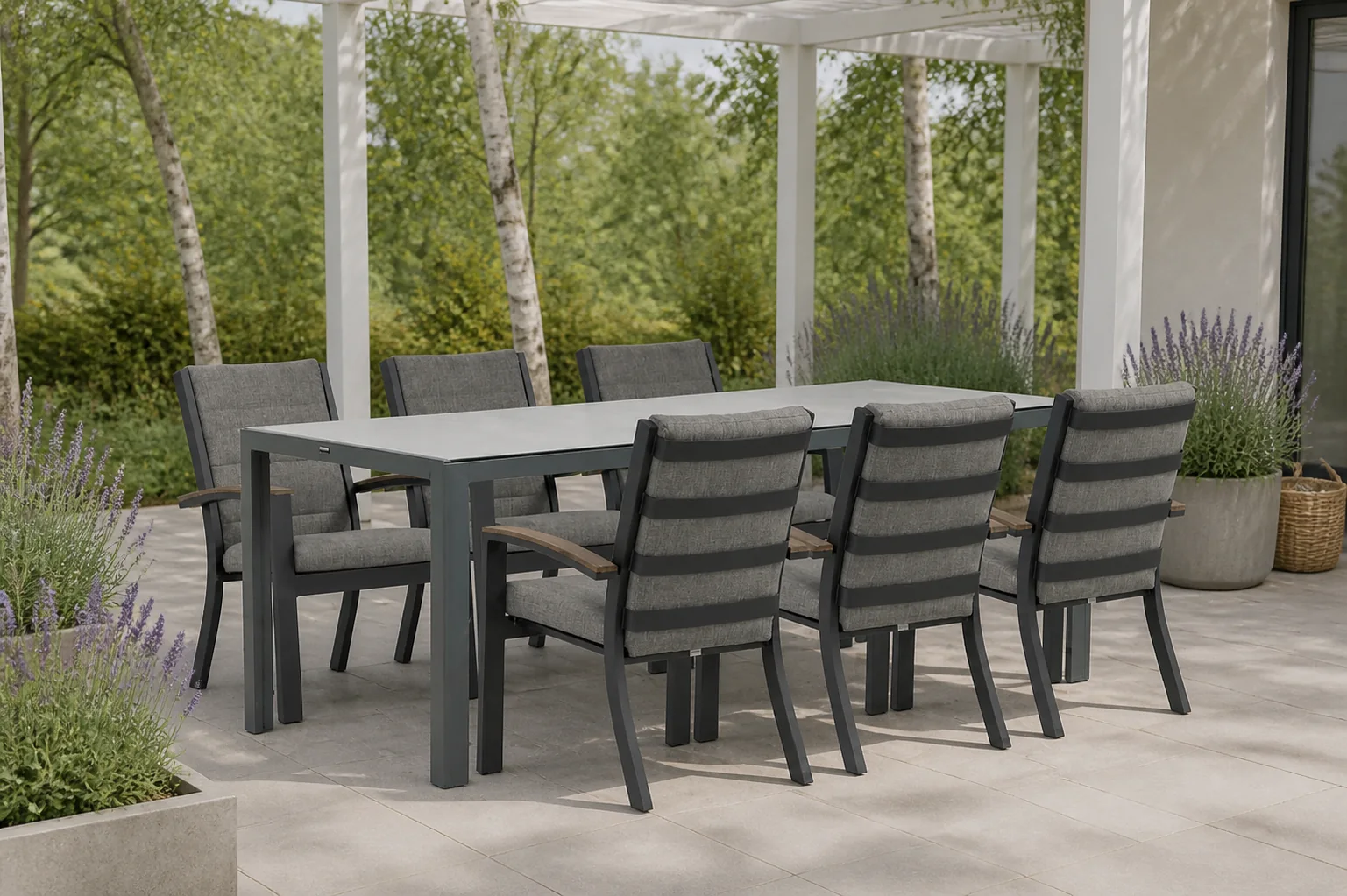 Sfeerfoto van Osmen Midura/Venustas 210 cm dining tuinset 7-delig – Grijs-antraciet