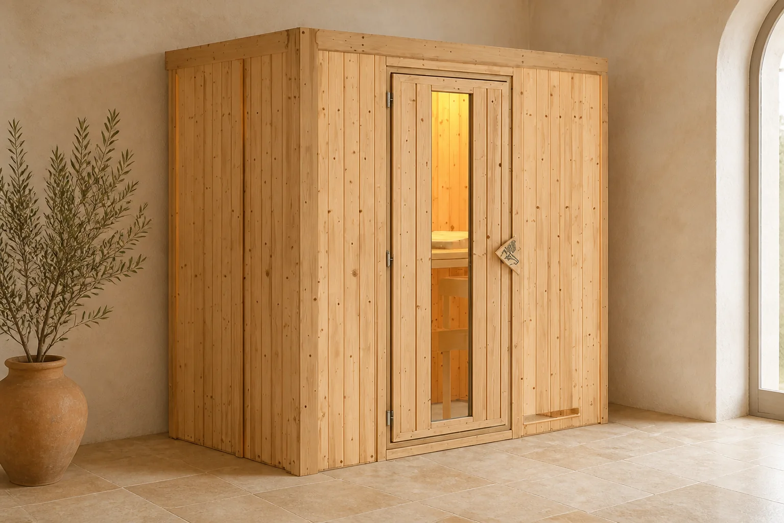 Sfeerfoto van Karibu | Nanja Sauna met Dakkraag | Energiesparende Deur