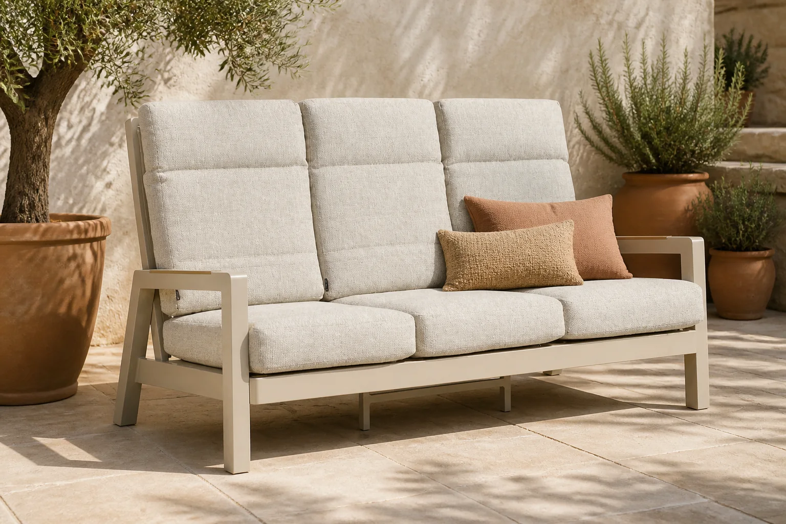Sfeerfoto van Lifestyle Garden Furniture Evora lounge tuinbank 3-zits – Taupe-naturel-bruin