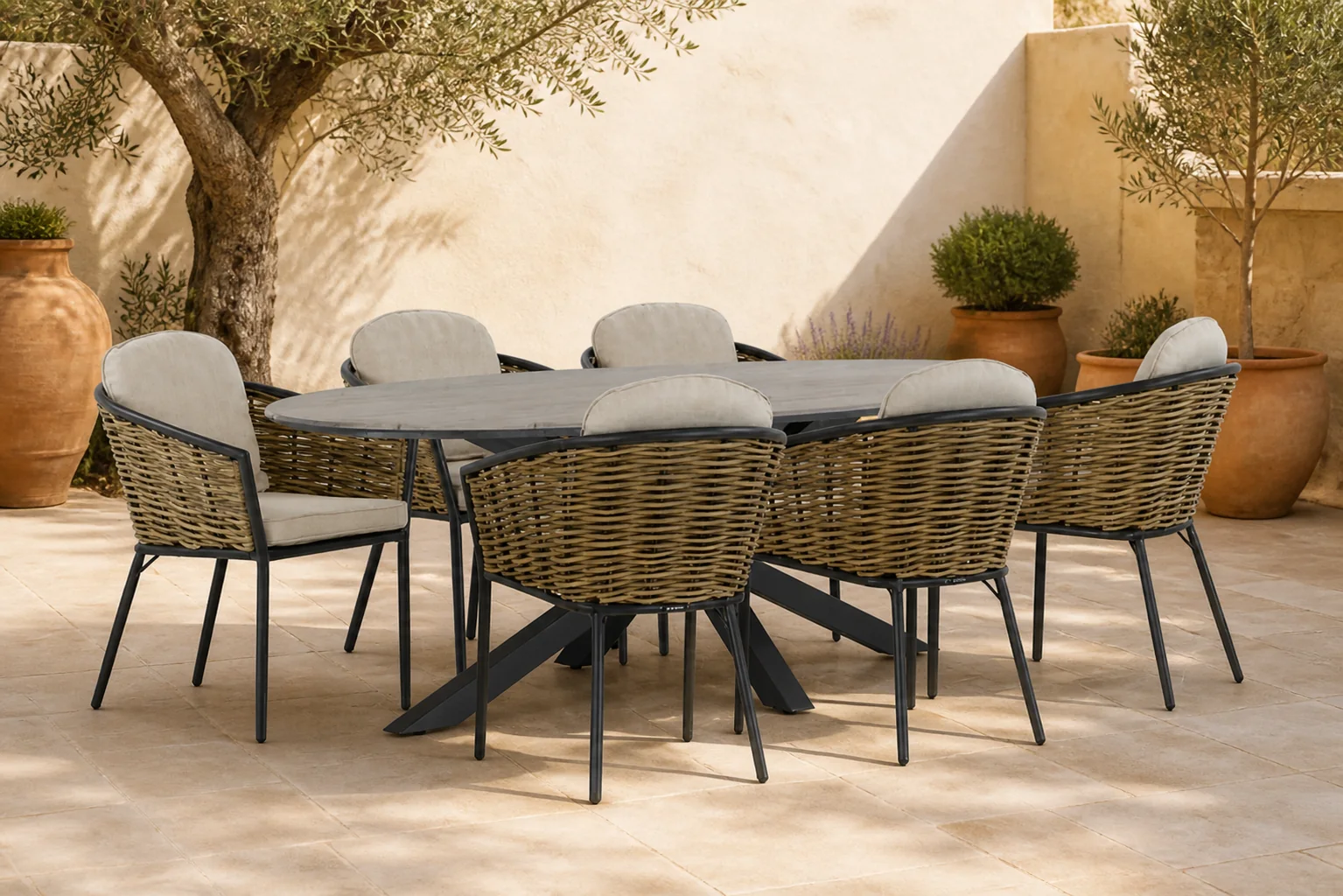 Sfeerfoto van Lifestyle Garden Furniture Nice/Matara 220 cm dining tuinset 7-delig – Grijs-antraciet