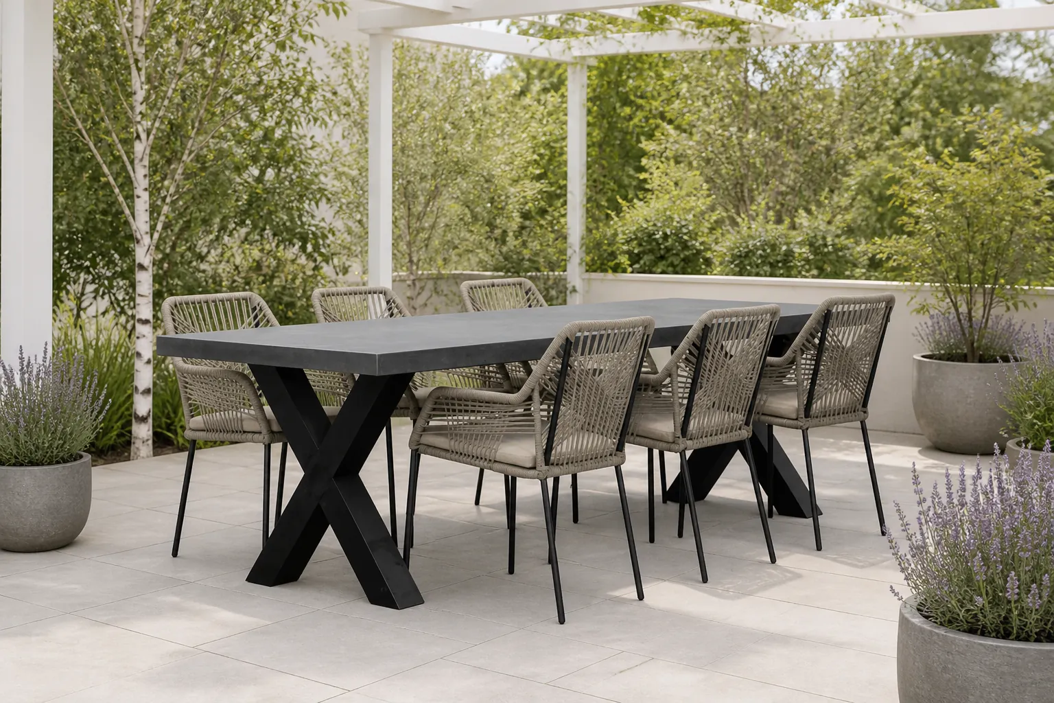 Sfeerfoto van BUITEN living Lyon/Seville zand dining tuinset | 6 personen | betonlook + touw | 250cm