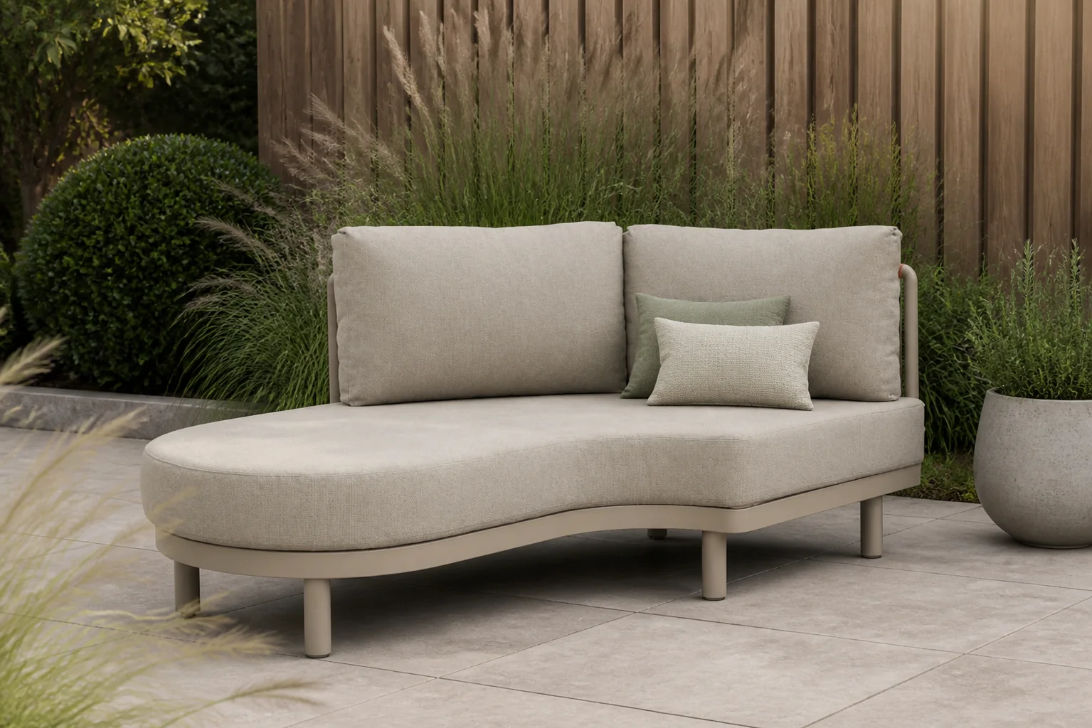 Sfeerfoto van Santika Furniture Nanda Chaisse Longue rechts – Zand/Beige