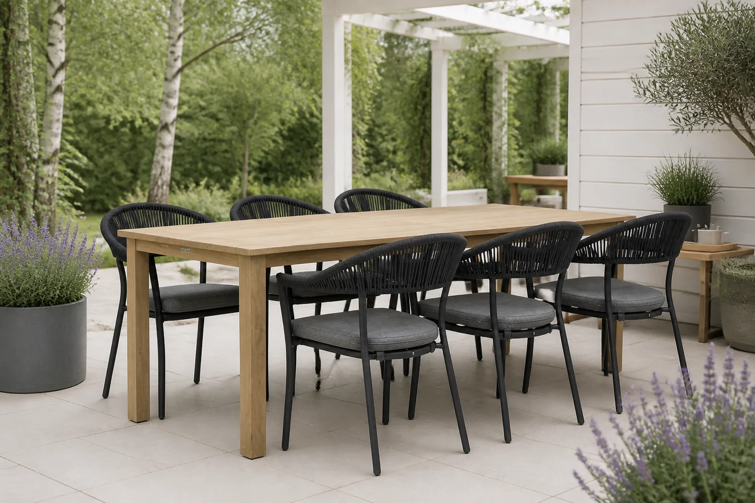 Sfeerfoto van Santika Furniture Vivian/Weston 210 cm dining tuinset 7-delig – Grijs-antraciet