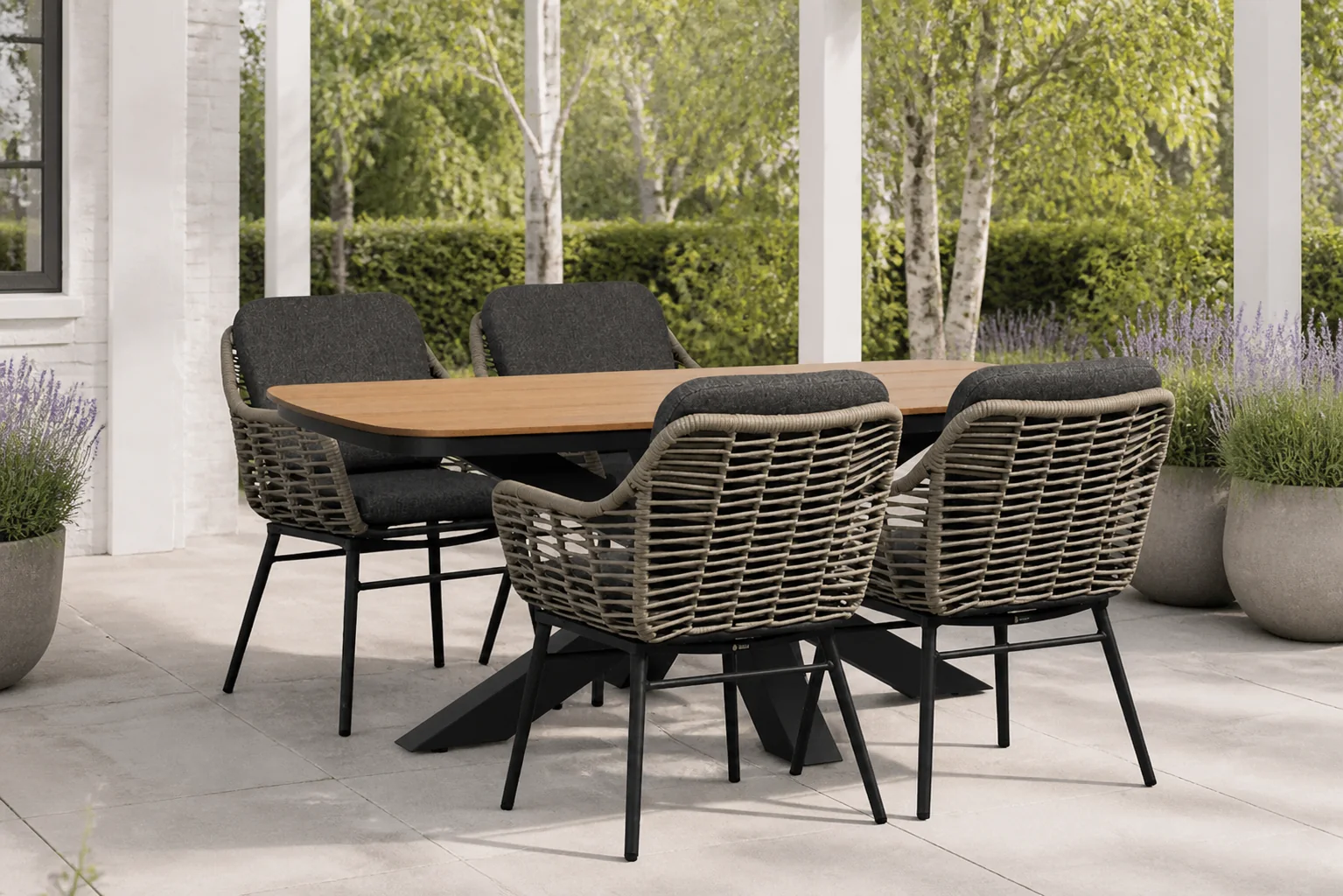 Sfeerfoto van Coco Antoni/Camila 180×100 cm dining tuinset 5-delig – Grijs-antraciet