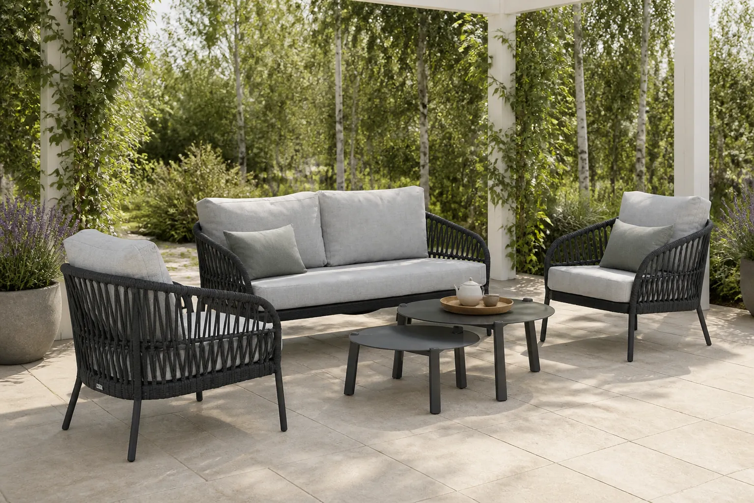Sfeerfoto van Coco Puerto/Rimini 60/75 cm stoel-bank loungeset 5-delig – Grijs-antraciet