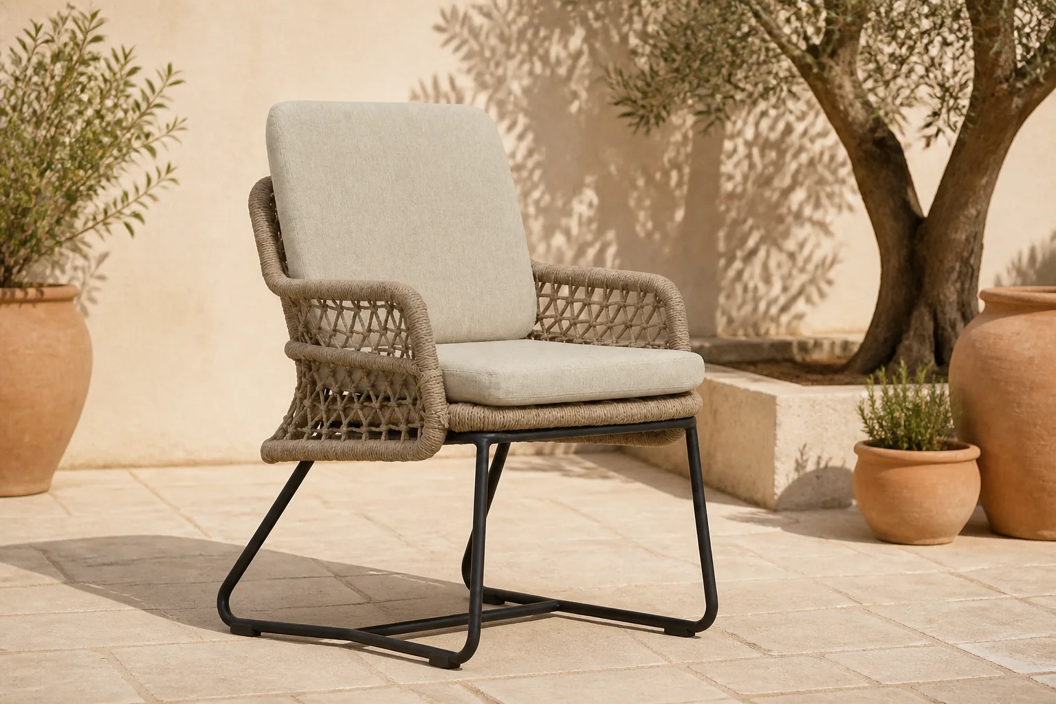Sfeerfoto van BUITEN living Gianna dining tuinstoel | touw + aluminium | Sahara Dust