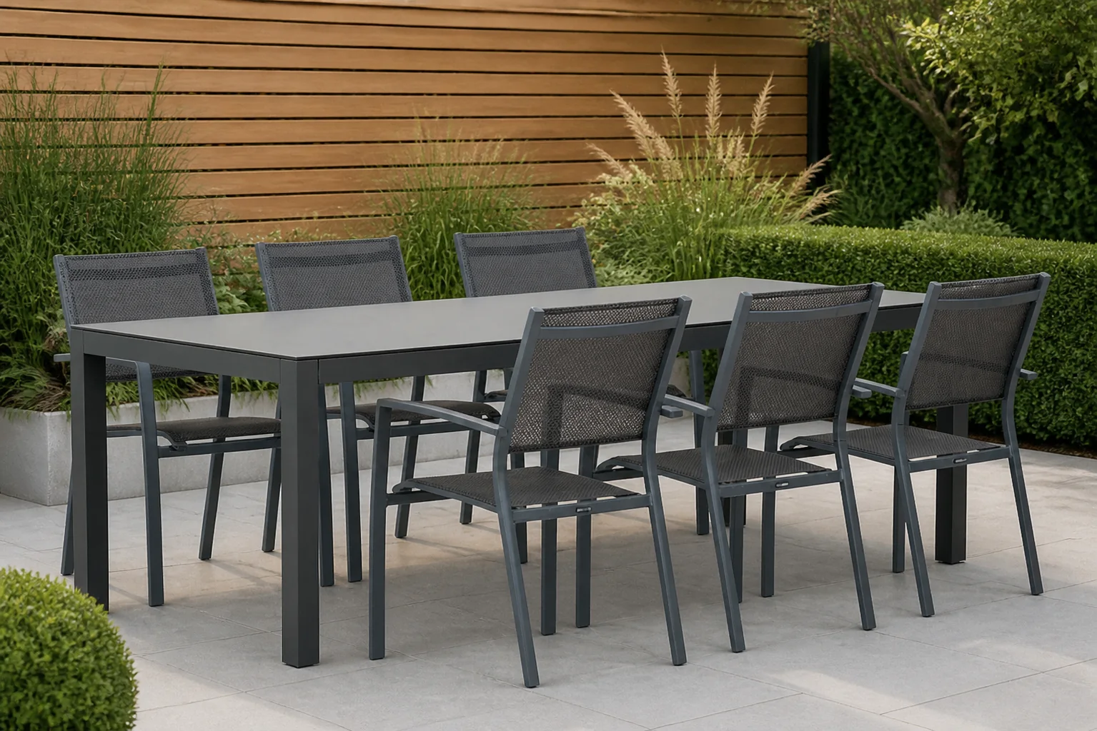 Sfeerfoto van Lifestyle Garden Furniture Sella/Madras 220 cm dining tuinset 7-delig – Grijs-antraciet