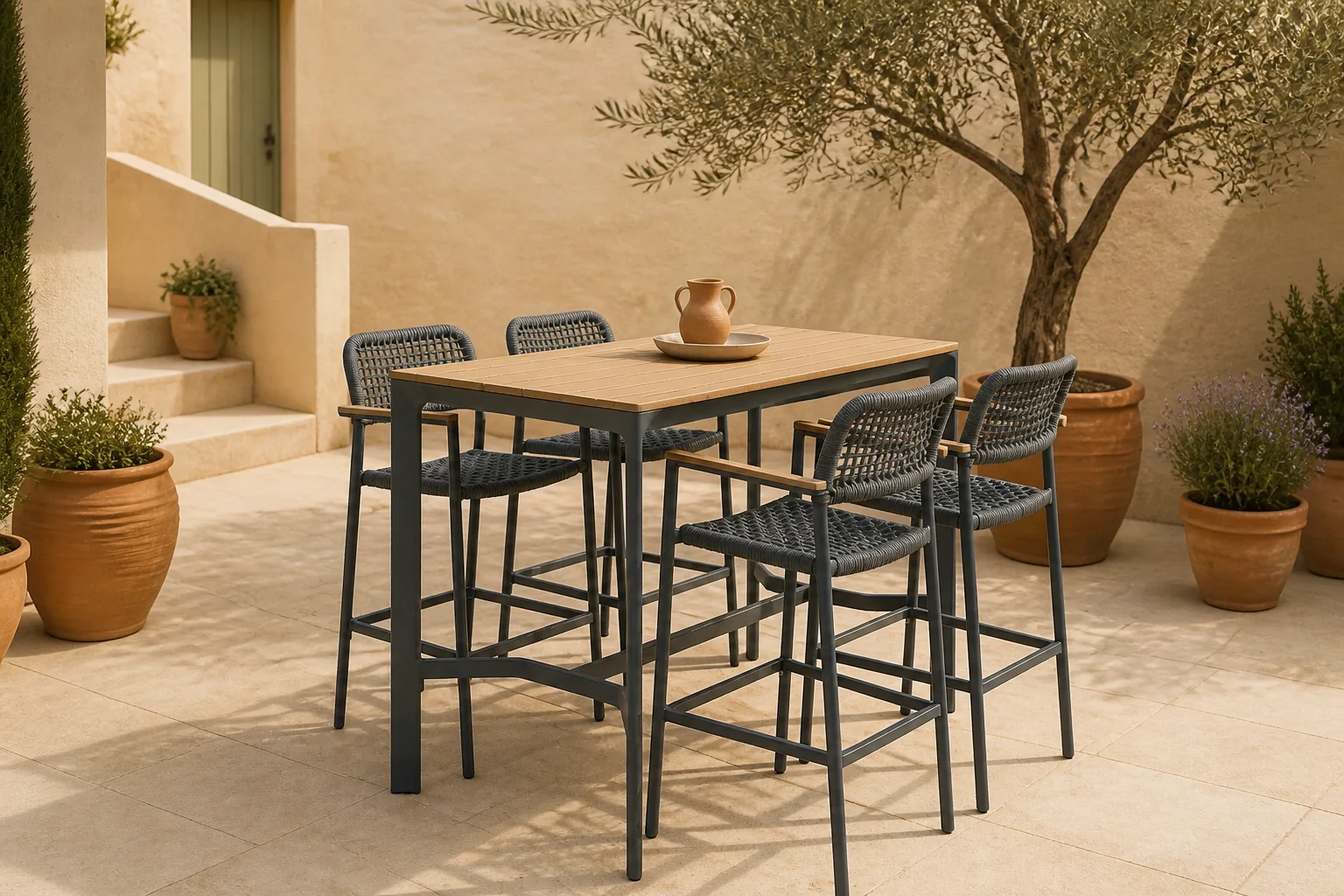 Sfeerfoto van LUX outdoor living Denver dining barset | 4 personen | polywood + touw | 70cm