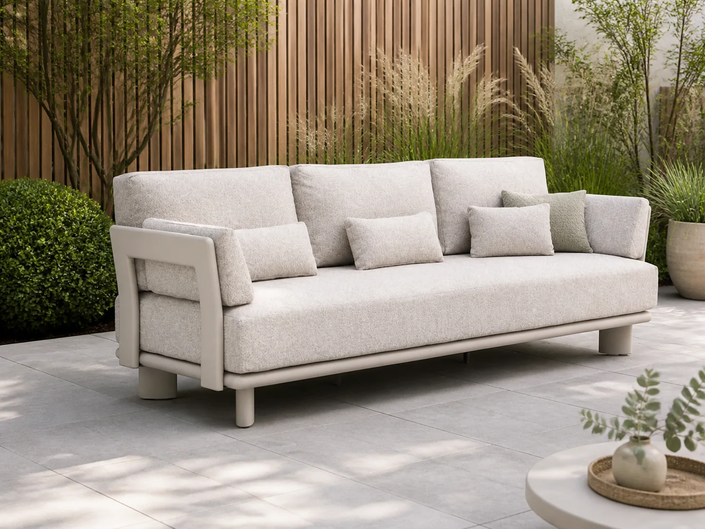 Sfeerfoto van Bellagio tuinmeubelen + 15% kassakorting | Bellagio Battuello lounge tuinbank 3-zits 240cm – Taupe