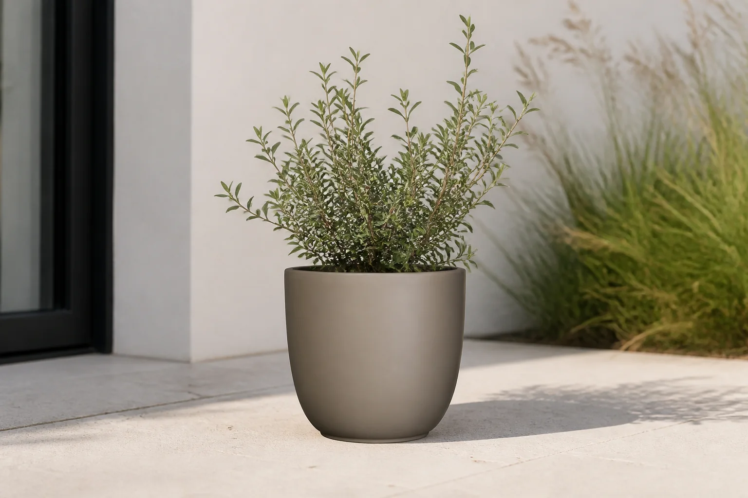 Sfeerfoto van Mica decorations Bloempot Pot rond es/10.5 tusca 11 x 12 cm taupe mat Mica – wit
