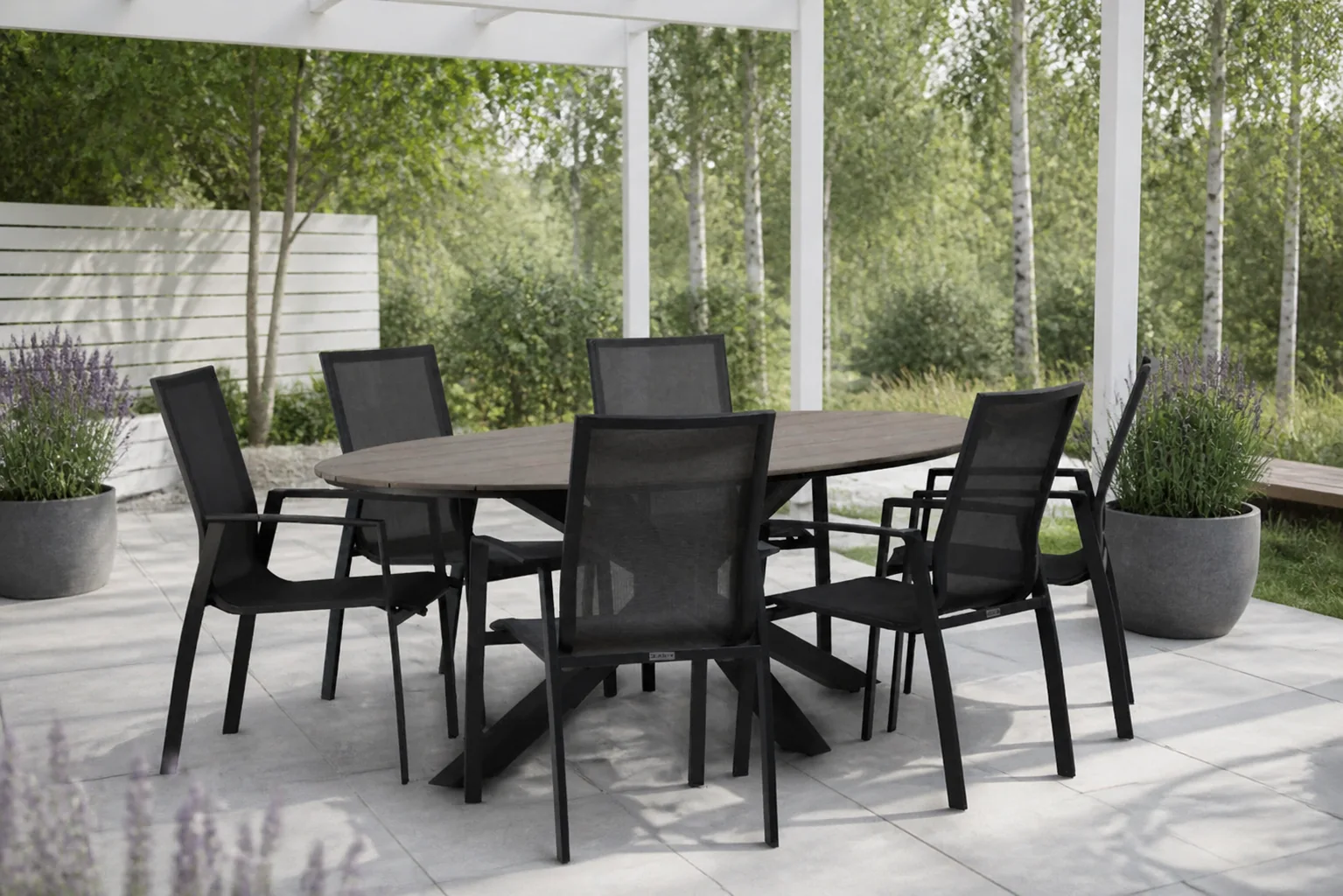 Sfeerfoto van Lifestyle Garden Furniture Ultimate/Matara 220 cm dining tuinset 7-delig – Grijs-antraciet