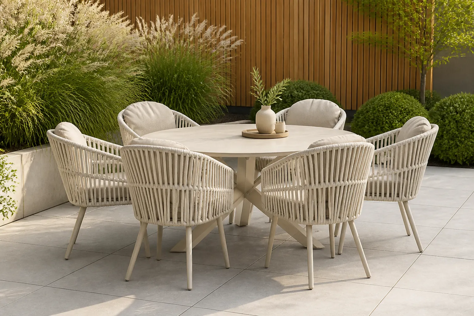 Sfeerfoto van Santika Furniture Marani/Xento 150 cm dining tuinset 7-delig – Zand/Beige