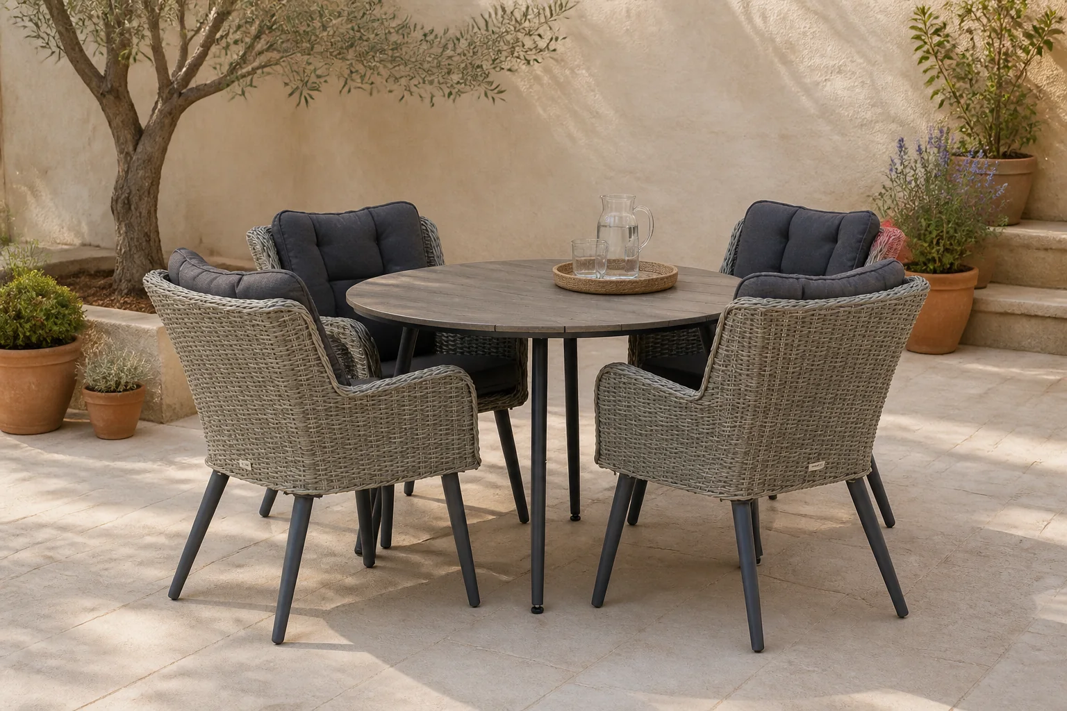 Sfeerfoto van Garden Collections Boston/Matale 125 cm rond dining tuinset 5-delig – Grijs-antraciet